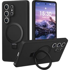 Liquid Silicone Case for Samsung Galaxy S25 Ultra with Magnetic Stand, Mil-Grade Drop Shockproof, Full Camera Protection Anti-Scratch Microfiber Lining Silicone Phone case, Black