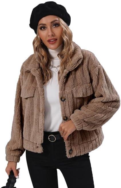 Womens Crop Fleece Jacket Button Down Lapel Bomber Sherpa Coat (Khaki), XL