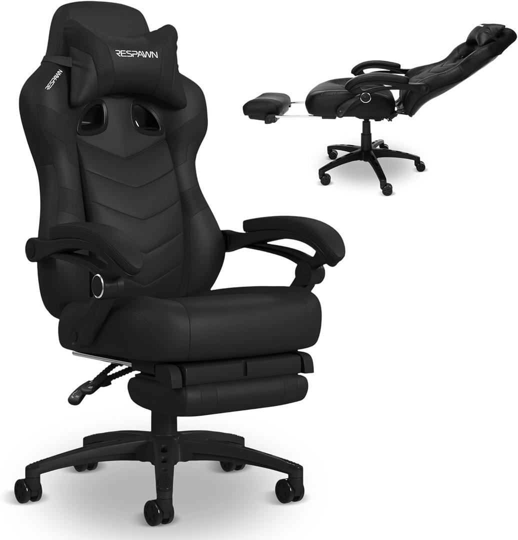 RESPAWN 110 Pro Ergonomic Gaming Chair with Footrest for Adults - Comfortable Office Gaming Recliner with Lumbar Support and Headrest, Racing Style Video Game Chairs for Computer Gamer - Black