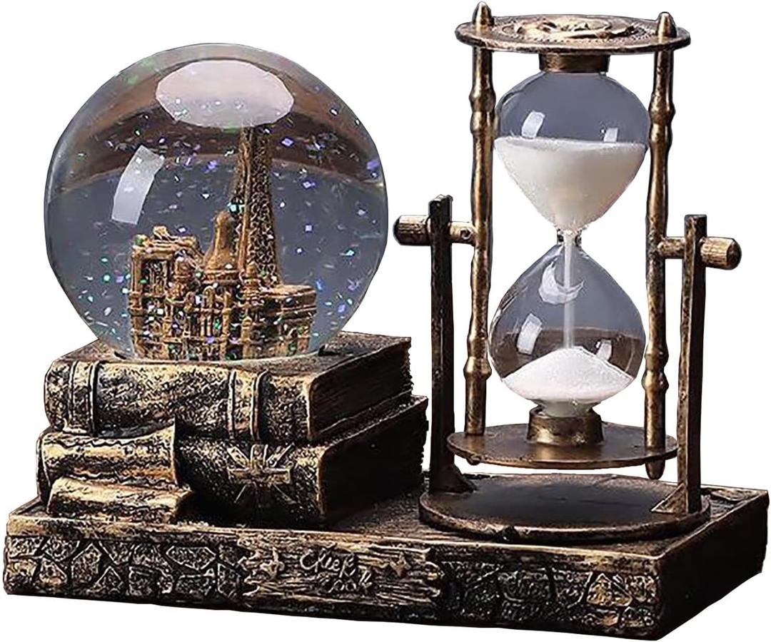 LED Music Snow Globe with Hourglass Vintage Castle Paris Eiffel Tower Home Decoration for Living Room Bedroom Book Shelf TV Cabinet Desk Table Top Decor Centerpieces Ornaments (A - Brass)