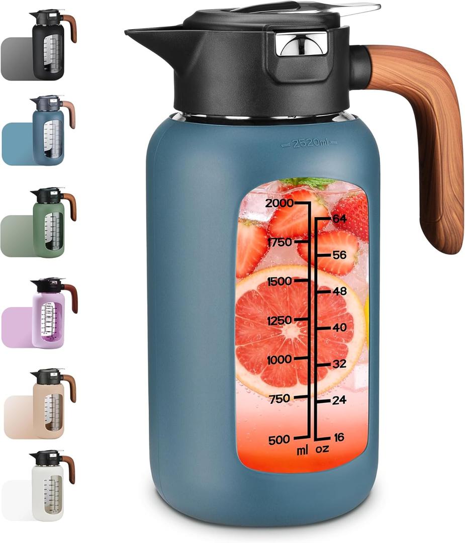 84oz Glass Pitcher with Lid and Handle Borosilicate Glass Water Jug/Carafe for Hot & Cold Beverages, 2.5Liter Large Pitcher with Silicone Sleeve & Wide Mouth, Fridge Safe for Iced Tea, Coffee, Juice (Navy Blue)