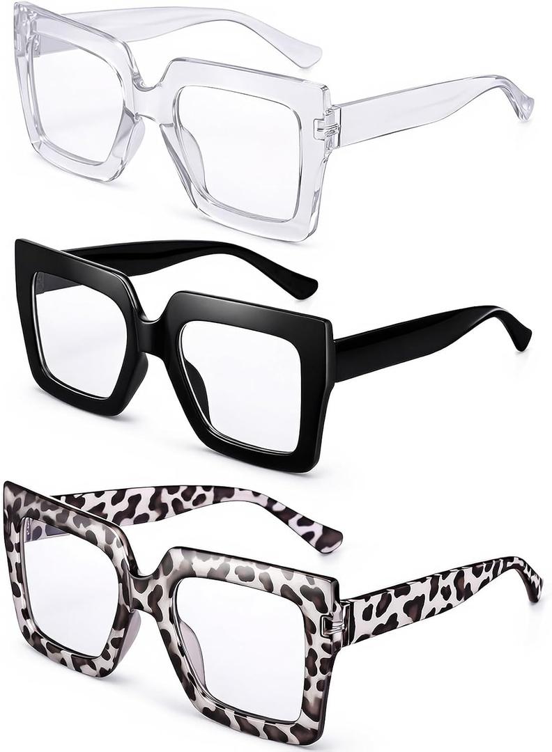 JATEBI 3 Pcs Oversized Blue Light Glasses for Women, Fashion Thick Square Computer TV Eyewear Eyeglasses Non-Prescription