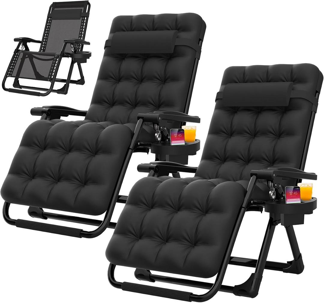 Suteck Zero Gravity Chair Set of 2, Reclining Camping Lounge Chair w/Removable Cushion, Upgraded Lock and Cup Holder, Reclining Patio Chairs Folding Recliner for Indoor and Outdoor, 26in x 30in x 45in