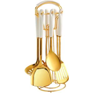 7pcs Stainless Steel Kitchen Utensils Set with Holder, Kitchen Accessories for Cooking Includes Soup Ladle, Metal Spatula, Slotted Spoon, Slotted Spatula, Pasta Spoon, White Gold (Large)