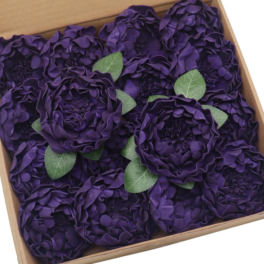 Artificial Flowers 16PCS 4" Deep Purple Blooming Peonies Fake Roses with Stem for DIY Wedding Bouquets Centerpieces Baby Shower Party Home Decorations