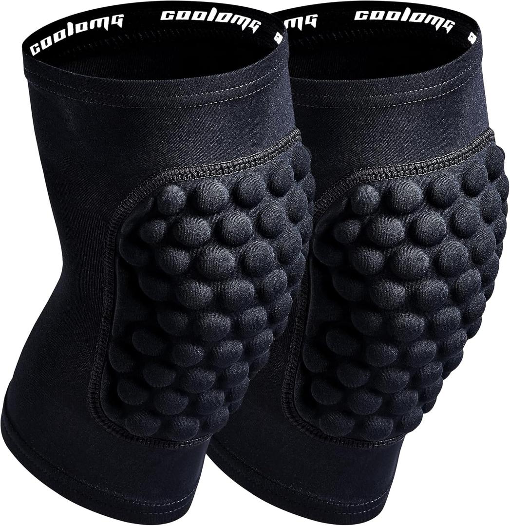 COOLOMG Basketball Knee Pad for Kids Youth Adult, Compression Anti-slip Knee Sleeve for Baseball Volleyball Football, Sports Knee Protector (1 Pair) (Small, Black Bubble)
