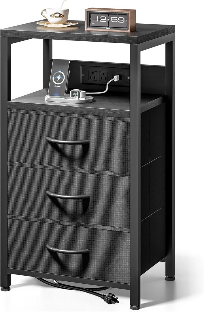 NightStand Bedside Charging Table Bedroom - Night Stand with Charger Station, Black Modern Bed Side End Table with Open Shelf & 3 Fabric Drawers, USB-C Port for Dorm, Living Room