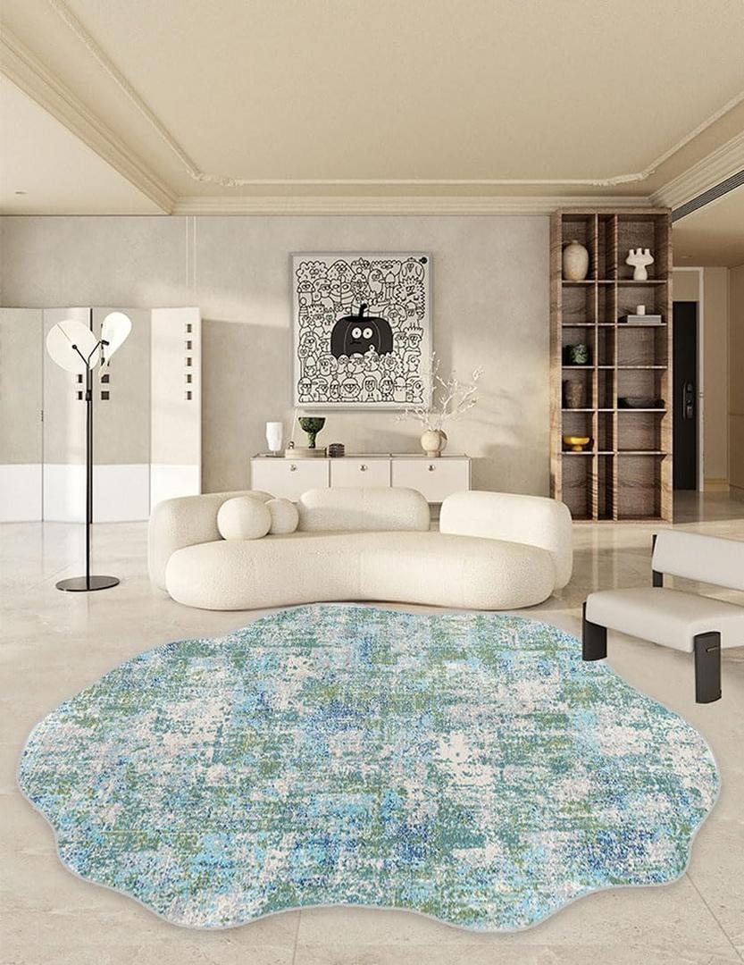 Modern Abstract Blue Green Area Rug for Living Room Bedroom Diningroom Playroom Office Irregular Shaped 9x12 Rugs Boho Washable Indoor Outdoor Unique Carpet