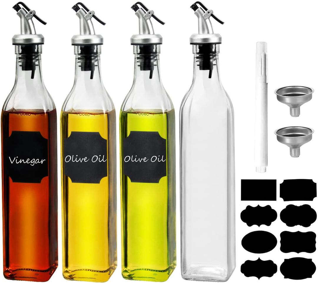 WERTIOO Oil Dispenser for Kitchen,4Pack 17 OZ Glass Olive Oil Dispenser Bottle with 4 Pourer,1 Stainless Steel Funnel & 1 Pen and 8 Label for Kitchen (500ml) (4 Pack)