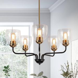 KSANA Black Gold Chandelier, Modern 5-Light Dining Room Chandelier Light Fixture with Seeded Glass for Kitchen Island, Living Room and Bedroom