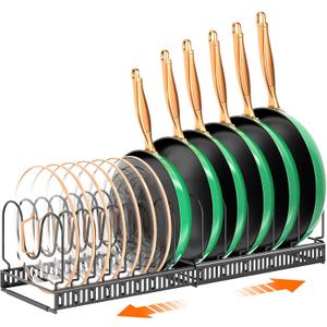 MUDEELA Pots and Pans Organizer Rack for under Cabinet, Expandable Pot Lid Kitchen Cabinet Organizer Holder with 14 Adjustable Compartment Cutting Board Organizer for Pan Lid, Bakeware