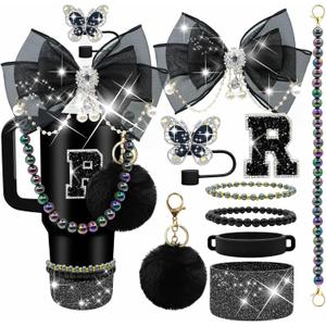 Letter Stickers Bling Accessories Set for Stanley 40/30/20 oz Tumbler: Bow Straw Topper, Charms, Butterfly Cap, Pearl Strap, Silicone Boot, Accessories for Stanley Quencher H2.0