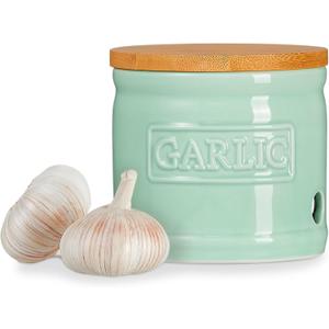 ONEMORE Garlic Keeper for Counter, Garlic Holder Countertop Storage Container, Garlic Saver Keeper with Lid, Ceramic Garlic Jar for Kitchen, Mint Green