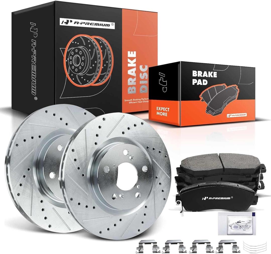 A-Premium 12.60 inch (320mm) Front Drilled and Slotted Disc Brake Rotors + Ceramic Pads Kit Compatible with Select Honda Models - Odyssey 2011 2012 2013 2014, 6-PC Set