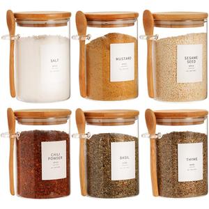 HHMJSM 6 Pcs Glass Jar with Bamboo Lid and Spoon - 17 oz Large Sugar Container with 148 Kitchen Pantry Spice Jar Labels Preprinted - Glass Containers with Wooden Lids Hold Coffee, Tea, Candy
