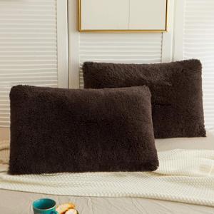 LIFEREVO 2 Pack Shaggy Plush Faux Fur Pillow Shams Velvet Reverse,20"x36" Fluffy Decorative Pillowcases with Zipper Closure for Couch,Sofa,Bed(Dark Brown,King)
