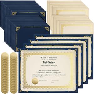 Fainne 100 Sets Certificate Paper Kit Single Sided Awards Holder with Foil Border for 8.5 X11 Certificate Covers Foil Award Seals Stickers Diploma Covers(Navy Blue)