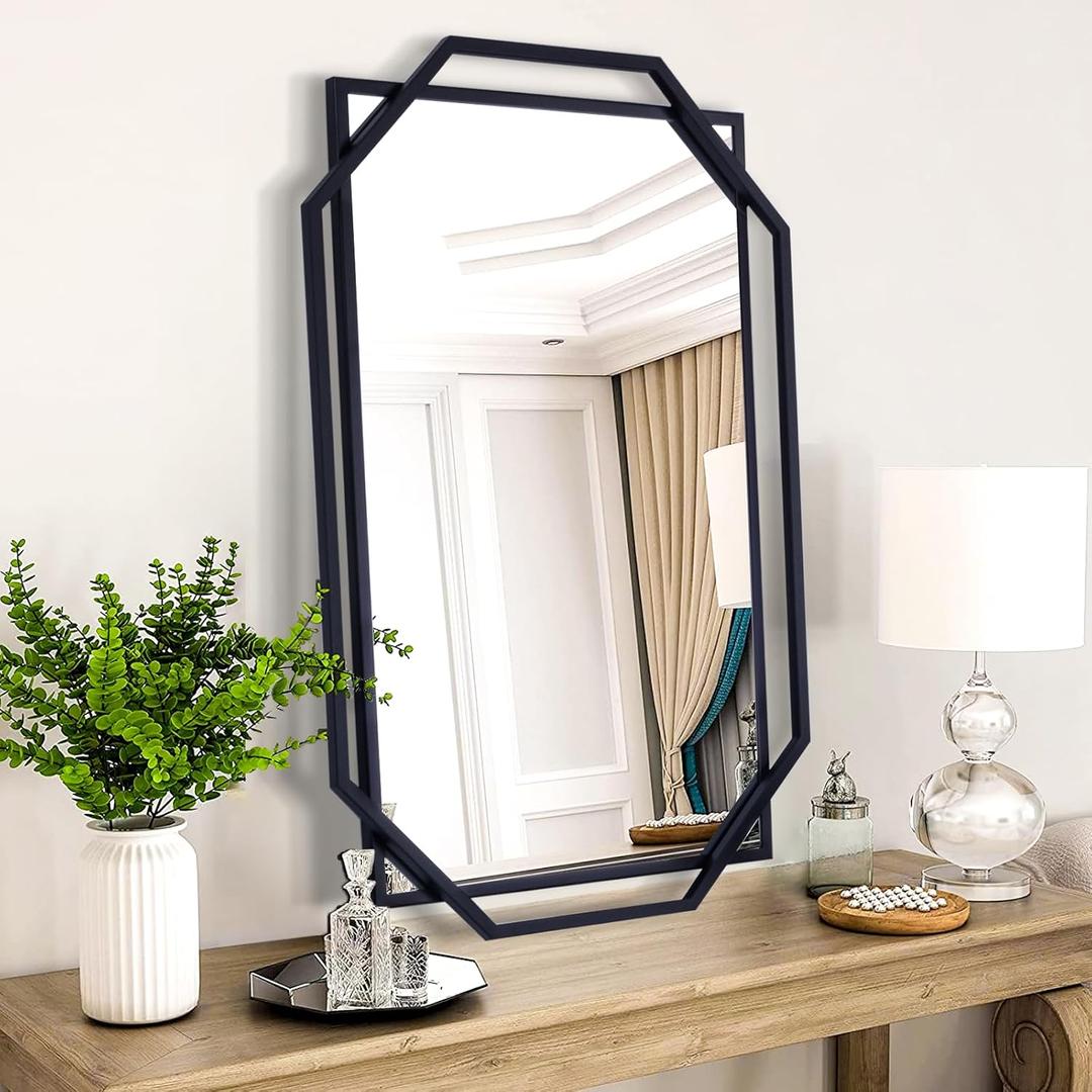 Black Bathroom Mirror, Decorative Wall Mirror with Modern Octagonal Metal Frame, for Living Room, Bedroom, Dining Room, Entryway (36" x 24")