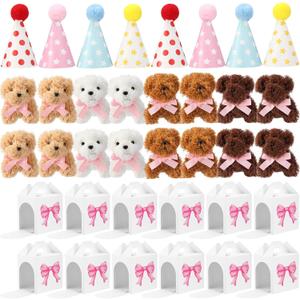 Vinsot 16 Set Mini Plush Dog Favors Gifts Adopt a Dog Set Include 16 Mini Stuffed Puppy 16 Cute Cone Hats 16 Kraft Paper Boxes for Puppy Animal Themed Birthday Party Supplies(Pink Bow)