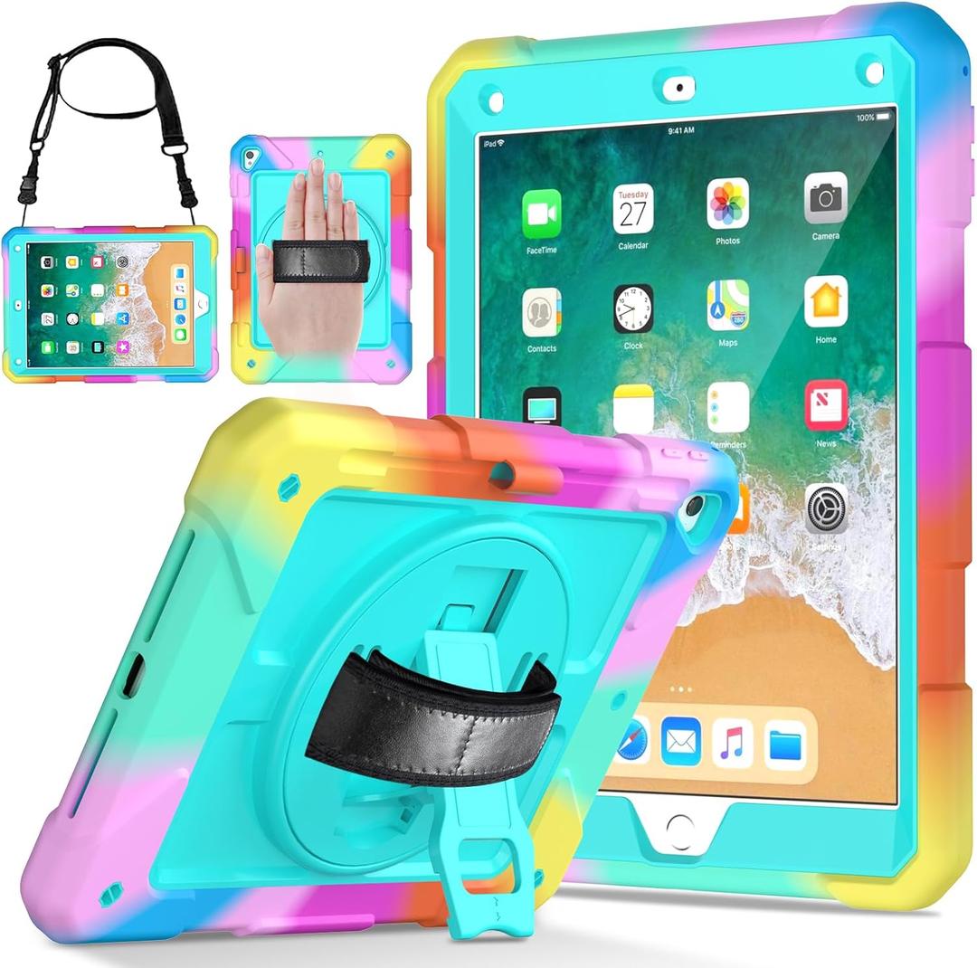 Protective Cover Case for iPad 6th/ 5th Generation & iPad Air 2 Case, iPad 9.7 Inch Case with Shoulder Strap Pen Holder Swivel Stand, Aqua Teal