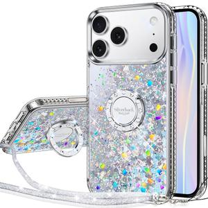 Silverback for iPhone 17 Pro Case, Moving Liquid Holographic Sparkle Glitter Case with Kickstand, Girls Women Bling Diamond Ring Protective Case for iPhone 17 Pro - Clear Silver
