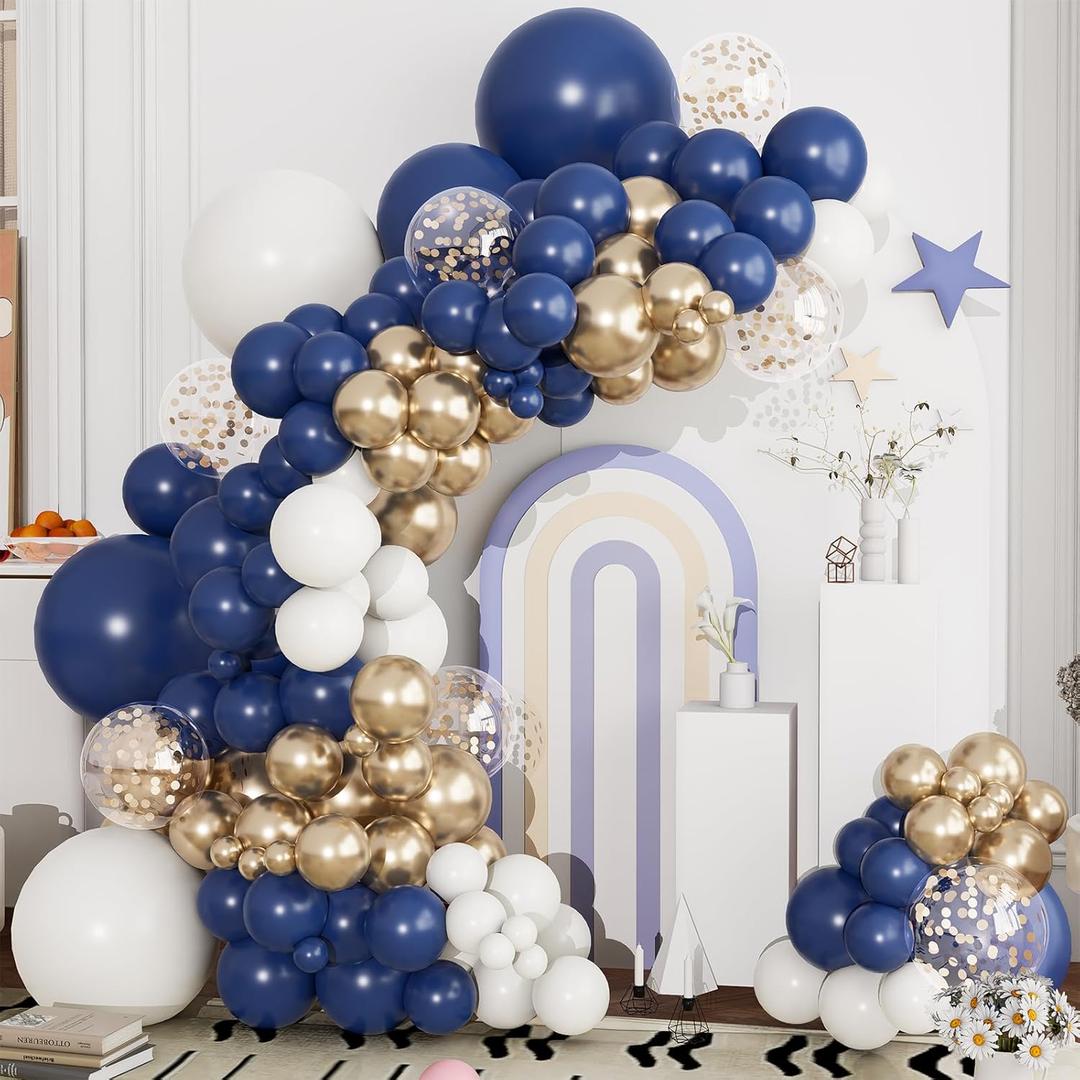 Navy Blue and Gold Balloons Garland Arch Kit-134pcs Navy Blue Gold White and Confetti Balloons in Different Sizes for New Year Graduation Baby Shower Wedding Anniversary Birthday Party Decorations