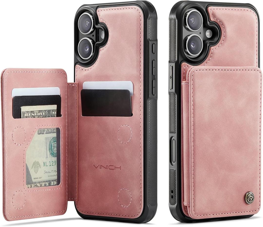 Vinich for iPhone 16 Wallet Case with Card Holder, RFID Blocking Credit Slots Kickstand Shockproof Phone Cover Fit for iPhone 16 6.1" Rose Pink