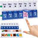Shintop Weekly Pill Organizer 2 Times a Day, Easy Fill Am Pm Pill Box 7 Day Push Button Medicine Holder Daily for Vitamins Supplements(Blue & White)