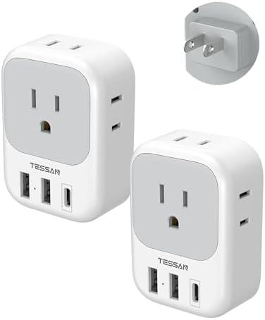 TESSAN 4 Prong to 3 Prong Outlet Adapter 2 Pack, US to Japan Plug Adapter with 4 Outlets 3 USB (1 USB-C), Outlet Adaptor US to Japan China Mexico Philippines Canada Peru Thailand Vietnam