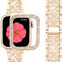 SUPOIX Compatible with Apple Watch Band 45mm + Case, Women Jewelry Bling Diamond Metal Bands & 2 Pack Protective Cover Cases for iWatch Series 9/8/7(Rose Gold)