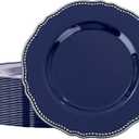 Hioasis 60pcs Blue Plastic Plates - Blue and Silver Disposable Dinnerware with Gold Rim, Heavy-duty, 10.25 inch, Dinner Plates for Party & Wedding