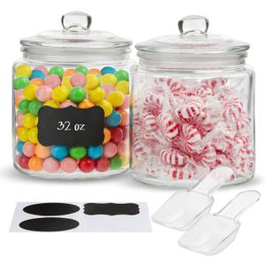 KooK Glass Storage Jars with Lids - 32oz (Set of 2), Kitchen Canisters for Sugar, Cookies, Cotton Balls, Glass Containers with Chalkboard Labels and Airtight Lid