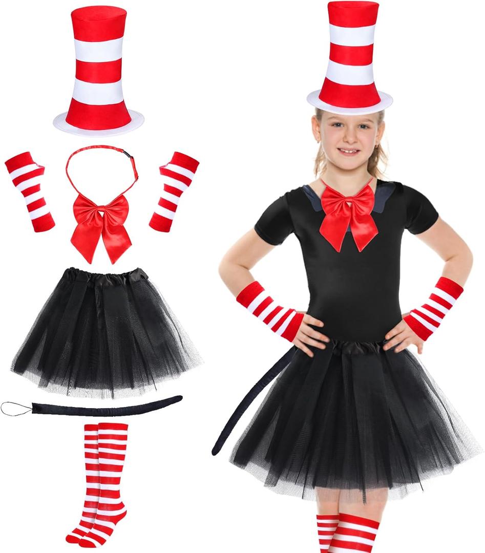 Kyson Cat Costume for Kids Tulle Tutu Skirt Red And White Striped Gloves Bowtie Long Tail For Halloween 100th Days of School (Classic), One SIze