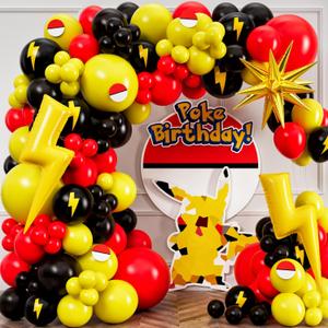ALL-IN-1 Cartoon Balloon Arch Kit with BONUS Thunder & Starburst Balloons for Poke Birthday Decorations - Red Black Yellow Balloons for Poke Cartoon Birthday Decorations & Video Game Party Supplies