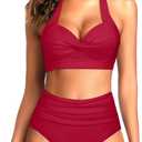 Tempt Me Women Two Piece Swimsuit High Waisted Bikini Halter Vintage Retro Bathing Suit Push up Swimwear (Red, L)
