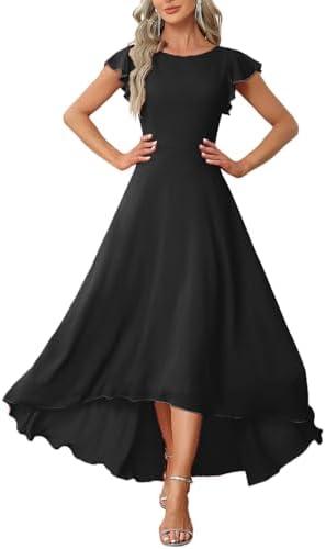 DeftSharp Women's A-Line Chiffon Dress with V Back & Ruffled Sleeves - Knee Length Tiered Hem Cocktail Dress for Wedding XL