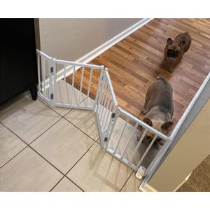 Free Standing Foldable Dog Gate, 16.5" High Step-Over Metal Short Pet Gate, Up to 48" Wide Puppy Fence for Stairs and Doorways, Indoor & Outdoor Use, No Drilling and No Assembly, White