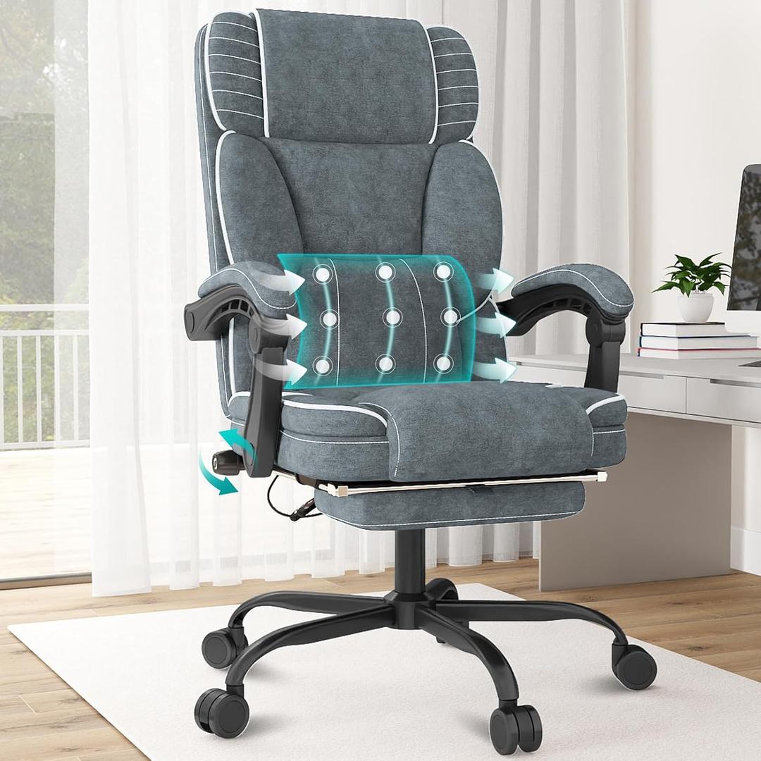 Executive Office Chair with Footrest, Ergonomic Reclining Computer Desk Chair with Adjustable Lumbar Support, 360 Swivel, Breathable Fabric, 400lbs Capacity for Home & Office (Grey)