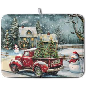 Christmas Red Truck Xmas Tree Snowman Dish Drying Mat for Kitchen Counter 18x24 Inch Winter Snowflake Vintage Absorbent Dish Pad Farmhouse Microfiber Dish Drainer Mats Christmas Kitchen Accessories