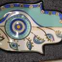 Exquisite Small Ceramic Jewelry Tray - Trinket Dish Evil Eye Decor, Gold Plate Ring Holder, Modern Boho Home Essentials, Perfume Organizer, Witchy, Aesthetic Room Decor (Blue Hamsa)