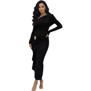 HWP Women's Sexy Ruched Bodycon Midi Dresses Asymmetrical Neck Long Sleeve Ruffle Club Cocktail Date Night Dress, Size L