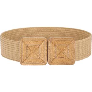 JASGOOD Straw Woven Elastic Belts for Women,Rattan Wide Stretch Belt for Dress Boho Wear Ladies Raffia Braided Square Belt (Fit Waist Size 31"-34", Khaki)