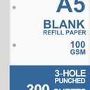 (3-Pack) A5 Filler Paper, 3 Hole Planner Refills, Organizer, Loose-leaf Binder Paper, Total 300 Sheets/600 Pages, 100gsm, Blank, White Paper, 5.8 x 8.2 Inch, 3 Hole Filler Paper, Mini Binder Refills