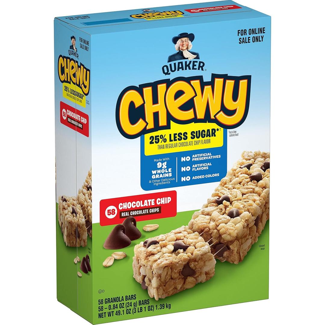 Quaker Chewy Lower Sugar Granola Bars, Chocolate Chip, 58 Count, BBD 09/10/26
