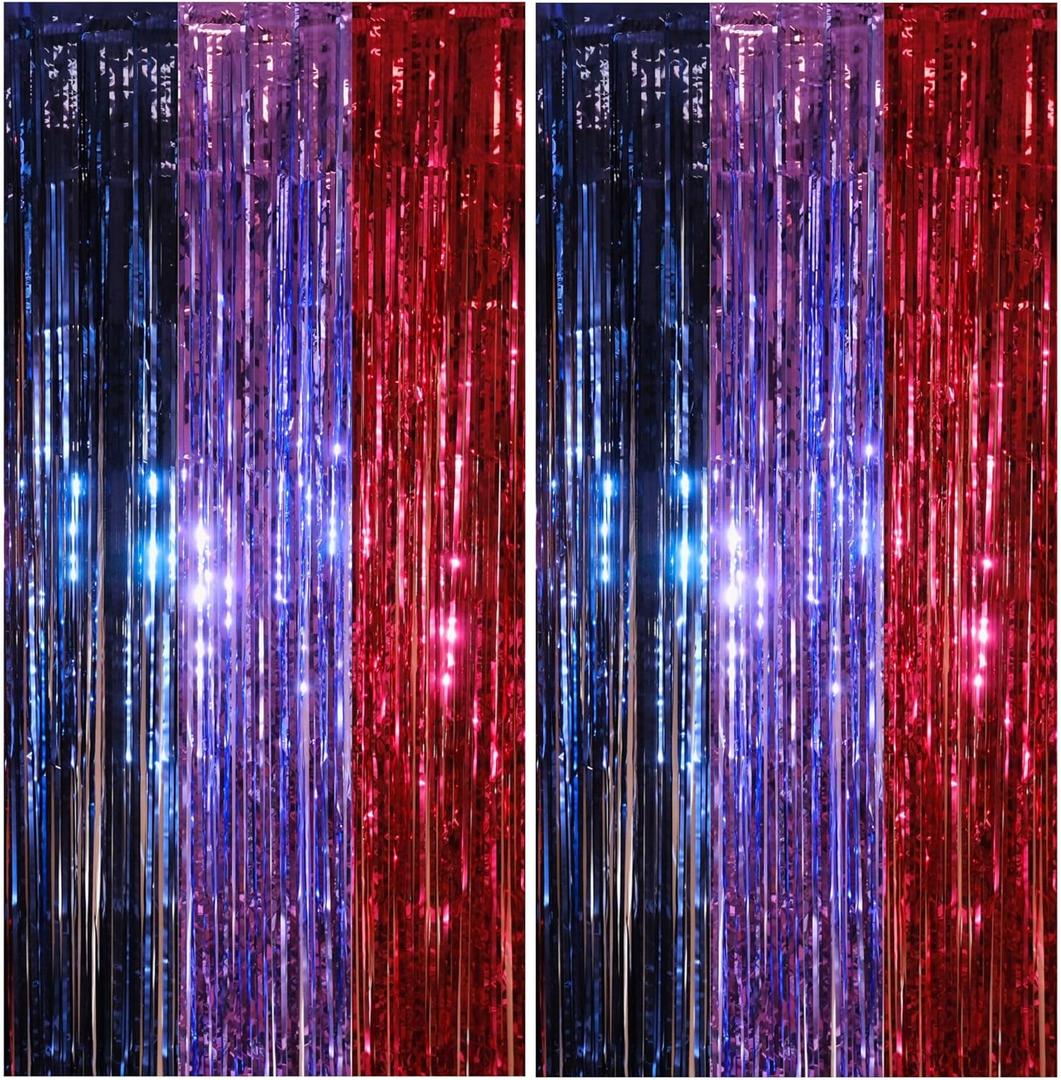 2 Pack Purple Blue and Red Foil Fringe Curtains for K-pop Themed Birthday, 3.3x6.6 ft Tinsel Backdrop for Demon Hunting Party Decorations  Extra Wide Adhesive Tape & Reusable Thick Streamers