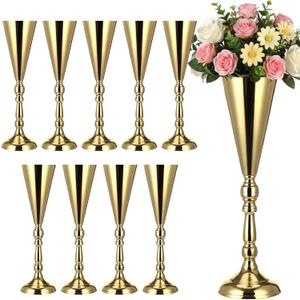 10 Pcs Golden Tall Vases Wedding Centerpieces, Metal Trumpet Pedestal Flower Vases with Golden Finish, Elegant Tabletop Floral Stands for Party Event Banquet Home Decor