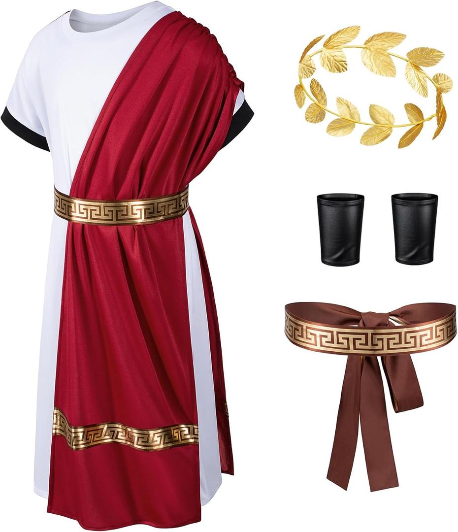 Kids Toga Costume Roman Robe Greek God Outfit Halloween Cosplay Costume Accessories Set (10-11 Years, Red)