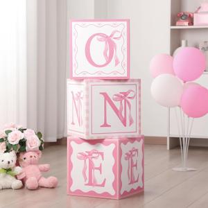 Weysat 3 Pcs First Birthday Decorations for Girl Pink Bow One Boxes for 1st Birthday Girl Coquette One Year Old Party Cardboard Box with Letters for Baby Shower Photoshoot Props Cake Smash Backdrop