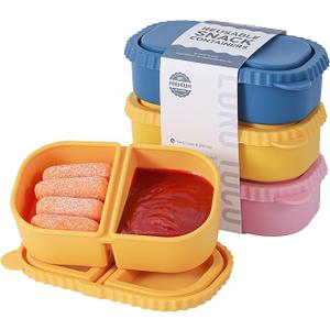 3 Pack Silicone Reusable Snack Containers with Lids - 8 oz Double Compartment Snackle Box for Kids & Adults, BPA-Free & Leakproof, Small for Dressing, Snacks, School, Office, Picnic