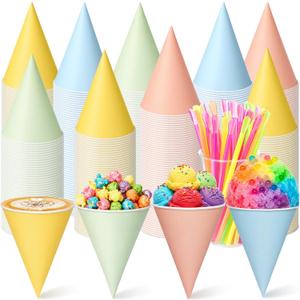 Honeydak 200 Pcs 6 oz Snow Cone Cups with 8 Inch Spoon Straw Spring Pastel Leakproof Paper Cone Water Cups Disposable Colorful Shave Ice Cream Bowl for Slush Shaved Ice Cream Sorbet Water, 4.72 x 3.35 inches